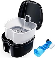 Black Denture Soaking Container Partial Denture Case, Orthodontic Retainer Cleaning Case Denture Cleaner Container Dentures Teeth Cup with Strainer and Lid Waterproof