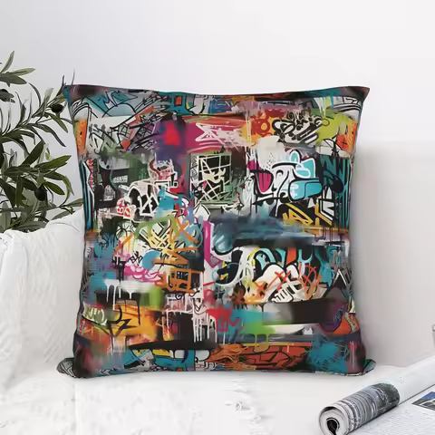1pc 2D Flat (Pillow Not Included) Graffiti Street Art Colorful Spray Paint Cushion Cover Short Plush
