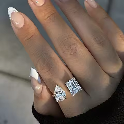 Hot New 925 Sterling Silver Pear Cut Emerald cut Simulated Diamond Wedding Party Vintage Open Ring F