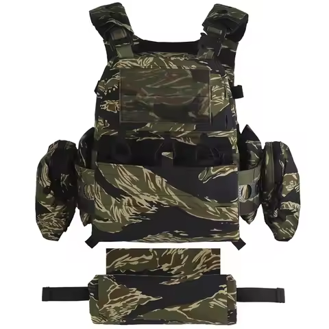 Tactical Vest Ferro Style Plate Carrier V5 FCPC Tiger Stripes with Side Pockets, Triple Magazine Pou