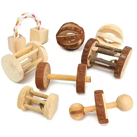New Cute Rabbit Roller Toys Natural Wooden Pine Dumbells Unicycle Bell Chew Toys for Guinea Pigs Rat