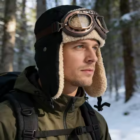 Warm Windproof Pilot Cap with Goggles Ear Flaps and Beanie for Winter Skiing Camping Outdoor Sports 