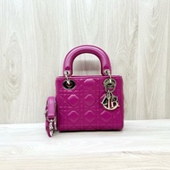 DIOR玫紅色3格銀釦Mini  Lady Dior黛妃包