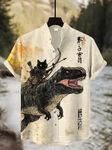 Men's 60s Black Cat Shirt Vintage Calligraphy Art Print linen button Guayabera Tops Casual Japanese 