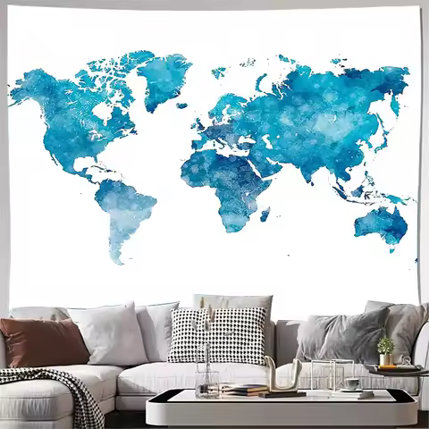 unframed World Map Tapestry Wall Hanging Ocean Blue Aesthetic Room Decor Travel Theme Home Textile L