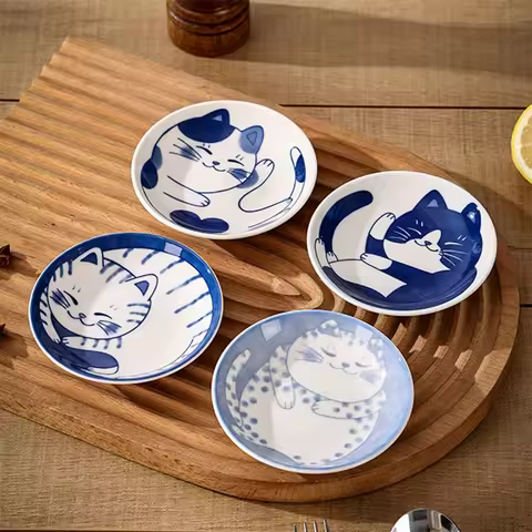 1/4pcs Ceramic Dessert Sauce Dish Tableware Japanese Style Creative Cartoon Lucky Cat Pattern Shape 
