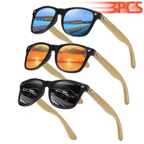 3PCS Vintage Square Sunglasses Set Men Women Bamboo Wood Brand Designer Fashion Eyewear Summer Outdo