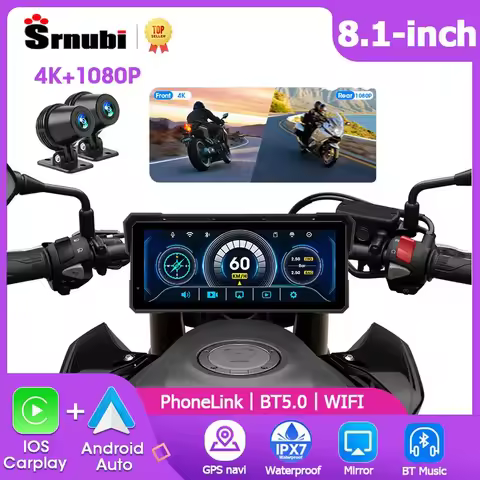 Srnubi 8.1" Moto DVR GPS Motorcycle Navigator 4K Front +1080P Rear Cam Wireless CarPlay Android Auto