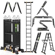 RIKADE Folding Ladder, 7-in-1 Aluminium Extension Collapsible Step Ladder with Tool Tray, Platform Plates, 330LBS Capacity Heavy Duty Multi Purpose Scaffold Ladder for Home Use Outdoor Work