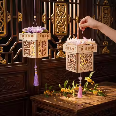 DIY Wood Carving Lantern Kit Chinese Style Square Lantern Crafts Lantern Making Material Set for Mid
