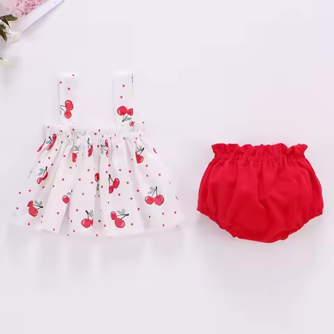 Baby Summer Dress Suit Baby Girl Clothes 0-2 Years Infant Toddler Cherry Sling Dress Bread Pants Two