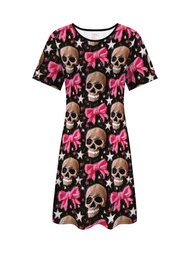 Womens Halloween Party Dress Gothic Skull Black Pink Costume Outfit Day of the Dead Everyday Gothic 
