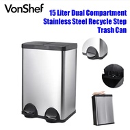 VONSHEF 15 Liter Dual Compartment Stainless Steel Recycle Step Trash Can