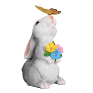 Outdoor Solar Rabbit Statue with LED Light Garden Waterproof Resin Butterfly Bunny Figurine Patio Ya
