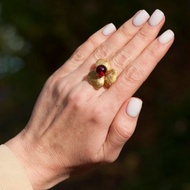 手工戒指琥珀花，紅寶石琥珀戒指，石戒指，鍍金