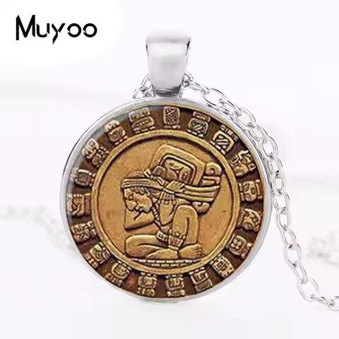 Aztec Calendar necklace Sun Stone pendant jewelry the xiuhpohualli the tonalpohualli Glass Cabochon 