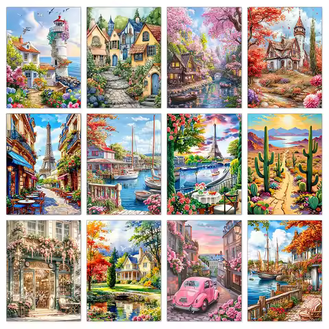 5D Town Landscape Diamond Painting Kit Town House Full Square/Round Diamond Embroidery DIY Mosaic Ar
