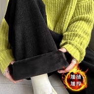 雪尼爾小個子闊腿褲女秋冬季高腰垂感黑色直筒加絨加厚燈芯絨長褲-黑色 S
