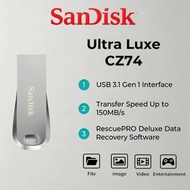 SanDISk Ultra Luxe CZ74 Flash Drive, USB 3.1 Gen1, up to 150MB/s read speed, RescuePRO Deluxe Data R