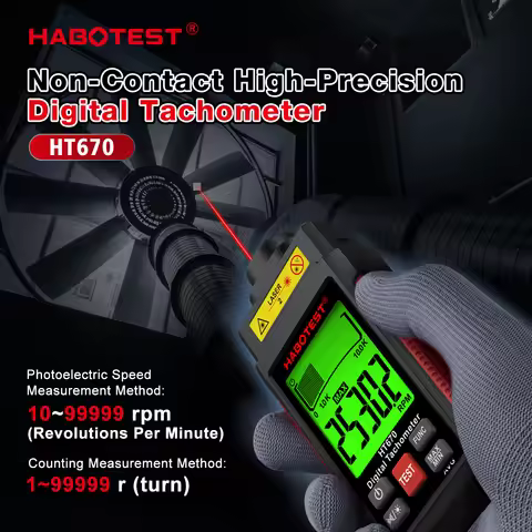HABOTEST HT670 Digital Laser Photo Tachometer Non-Contact Contact RPM Meter 2.5-99999 Rev/Min Measur
