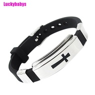 [Luckybabys] Men Fashion Silver Cross Stainless Steel Black Rubber Bracelet Bangle Wristband