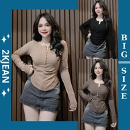 Women's Long Sleeve V-Neck Buttoned Elastic T-shirt Bigsize 55–85kg Flattering AT24 – 2KJeans