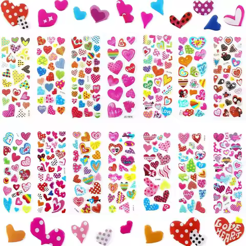 Heart Shape Stickers 8 Sheets Valentine Love Sweet Hearts Stickers for Kids Children Cute Puffy Colo