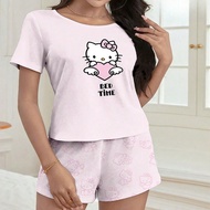 ชุดนอนเสื้อแขนสั้นกางเกงขาสั้นรุ่น Sanrio Hello Kitty สำหรับสุภาพสตรี, ลาย Cartoon ของน้องแมวคิตตี้น