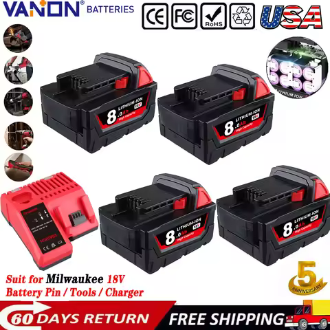 VANON 1/2/4Pcs 8.0Ah M18 Li-on Battery Replace for Mil-wauke 18V 48-11-1812 48-11-1820 Battery Pin a