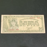 Uang kertas kuno 5 Rupiah 1945 prefix KO presiden Soekarno