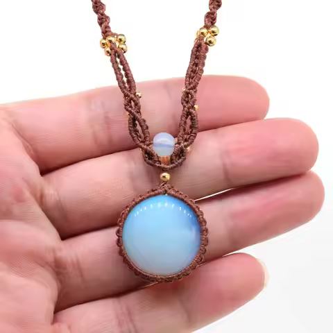 Handmade Thread Rope Wrapped Braided Macrame Adjustable Chain Necklace Round Opalite Opal Stone Pend