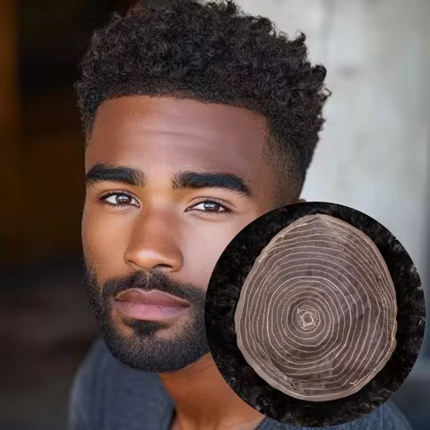 Real Human Hair Afro Curl Toupee for Men Full Machine Mad Kinky Curly African American Men's Hair Re