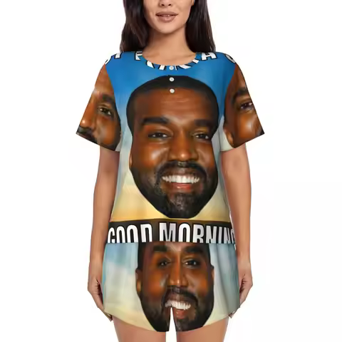 Custom Printed Women Funny Kanye West Meme Pajamas Set Rapper Music Producer 2 Piece Pjs Sets Short 