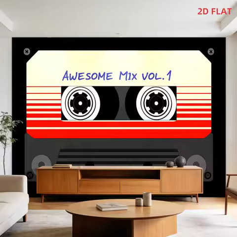 Retro Cassette Tape Tapestry with "AWESOME MIX VOL.1" Label Red Black Stripes 180x280cm Wall Decor