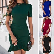 [Ready Stock] Diyun Women's Spring Summer Classy Elegant Solid Color Slim-fit Short Sleeve Dress 619