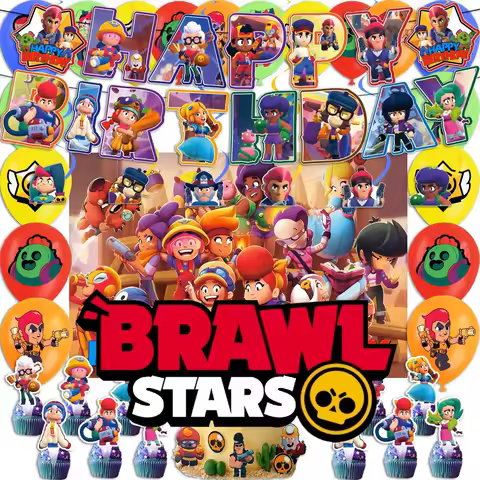 Brawl Stars Balloons Happy Birthday Banner Game Party Decoration Background Cake Topper Stickers Dis