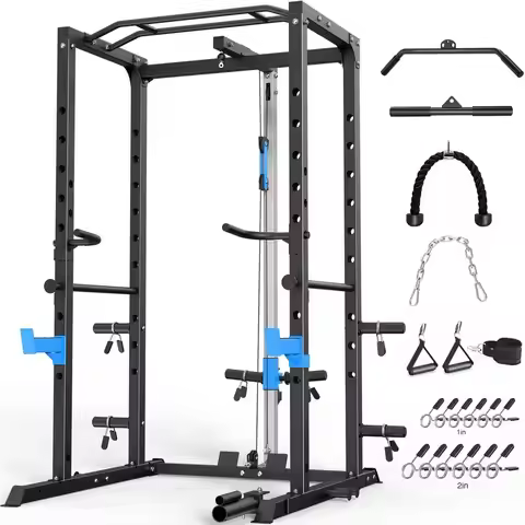 Versatile Home Gym Power Cage with J-Hooks, Dip Bars, Landmine, and Optional Pulley System
