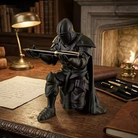 (9*7.6cm) 3D Printed Medieval Knight Pen Holder Black Silver Warrior Statue Desk Organizer Creative 