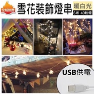 全城熱賣 - [雪花形,6米,40粒燈泡] USB裝飾燈串(暖白光) 節日佈置 生日聖誕萬聖節 在家居睡房、浴室、客廳等地方中創造一個甜蜜小天地 - USB 供電,插入電源即可使用 - 可以任意圍在植物、