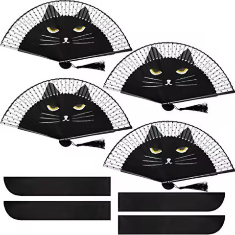 2 Pieces Cartoon Cat Hand Fans Folding Hand Held Fan Women Black Cat Silk Foldable Fan with Store Ba