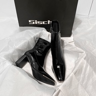 Kendall Jenner แรงบันดาลใจ สีดำ รองเท้าบูทสั้นส้นสูง ผู้หญิง สิทธิบัตรหัวเหลี่ยมโลหะใหม่ 2024 หนัง ร