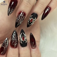 RAYNA Dark Red Spider Web False Nails - Dark Gradient Almond Nail Art Stickers