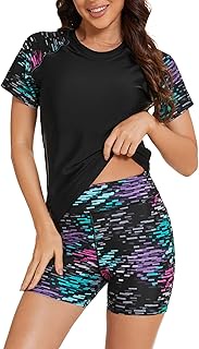 Women's Two Piece Rash Guard Short Sleeve UPF 50+ Built in Bra Swimming Costume Swimsuit Bathing Sui