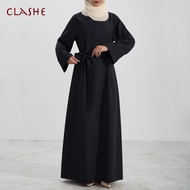 Muslimah Jubah Long Dress Loose Sleeves Round Neck Belted Casual Jubah Abaya Terkini 2024
