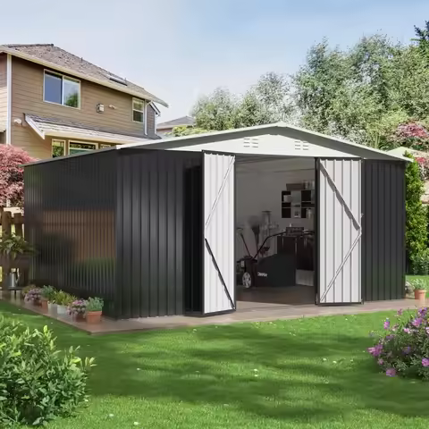 12x14 FT Outdoor Metal Storage Shed Garden Tool Shed with Lockable Doors for Backyard Patio Lawn Whi