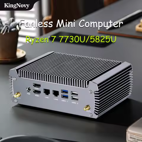 Fanless AMD Mini PC Ryzen 7 7730U 5825U, Dual LAN Firewall Server WiFi6, Win11, Ultra-Quiet Desktop