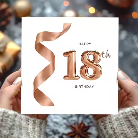 18Th Birthday Card with Envelope - White Square Greeting Card Set, Rose Gold Ribbon Themed 2Pcs Card