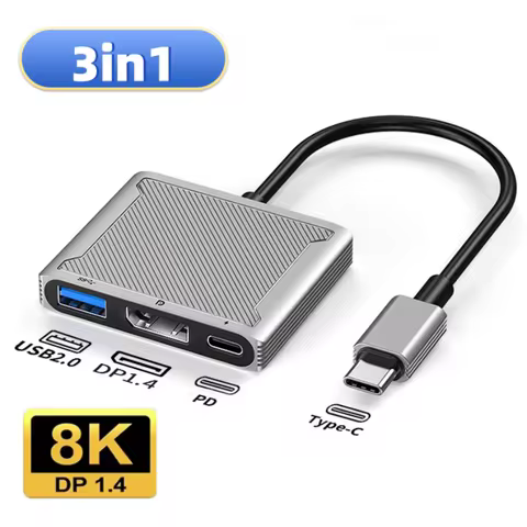 USB C To DP 3in1 Hub Type-C Thunderbolt3 To 8K@60Hz 4K@144Hz DisplayPort 1.4/USB/100W PD Port Dockin