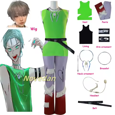 ALIEN STAGE Round 7 Blink Gone Till Cosplay Costume Green Vest Cargo Pants Suit Wig Anime Halloween 
