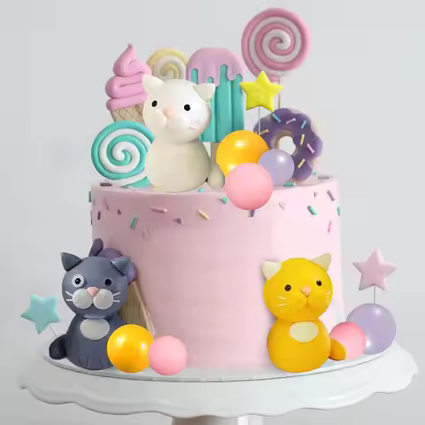 17 PCS Cat Cake Topper Cute Cats Figurines Ball Cake Decorations for Cat Birthday Party Pet Party Ba